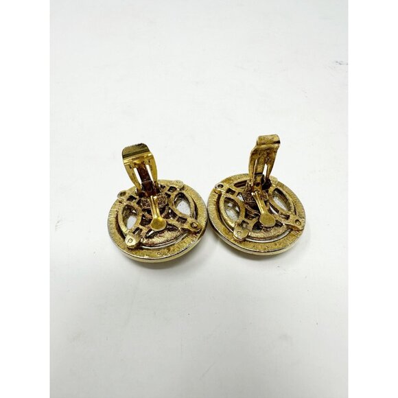 Pierre Balmain Vintage 1970s Cross Round Clip On Earrings Gold Tone White Stone - Picture 3 of 5